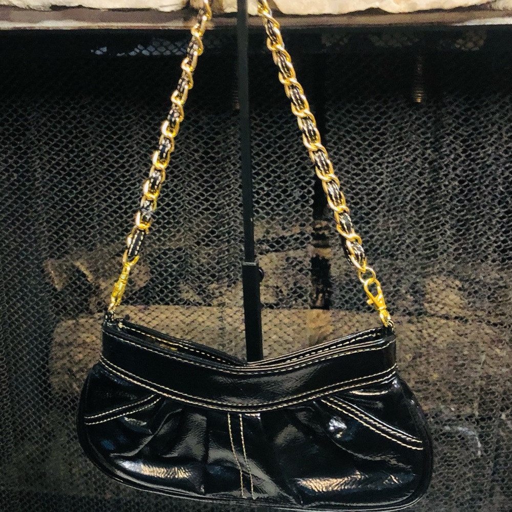Black patent leather shoulder bag with REMOVABLE leather and gold braided chain